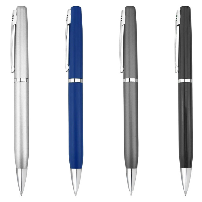 A set of four metal pens in silver, blue, grey, and black, featuring a sleek design and a logo.