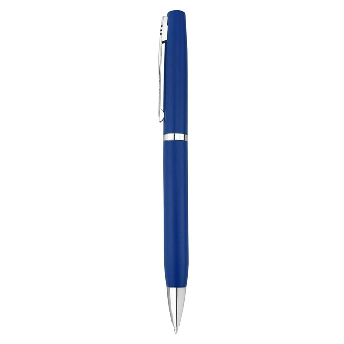 A blue metal pen with a silver clip and accents, featuring a sleek design and a logo.