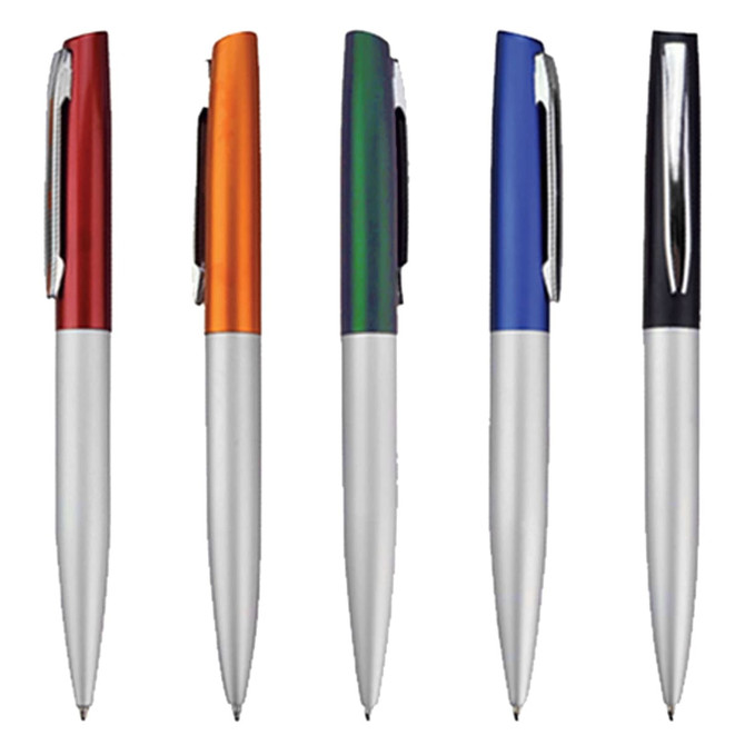 Five metal pens in various colours: red, orange, green, blue, and black, each featuring a silver barrel.