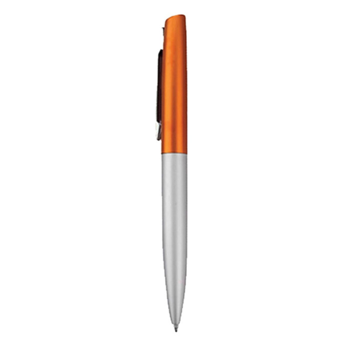 A metal pen with an orange upper section and a silver lower section. The pen features a clip and branding.
