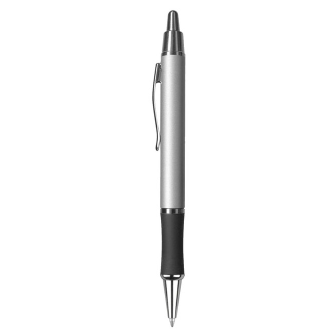 A metal pen with a sleek silver body and a black rubber grip. Features a clip and a shiny tip.