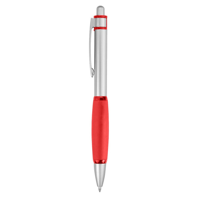 A metal pen with a silver barrel and a red grip, featuring a clip and a branding logo.