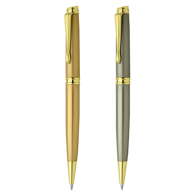 Two metal pens are displayed: one in gold and the other in green, both featuring gold accents and a branding logo.