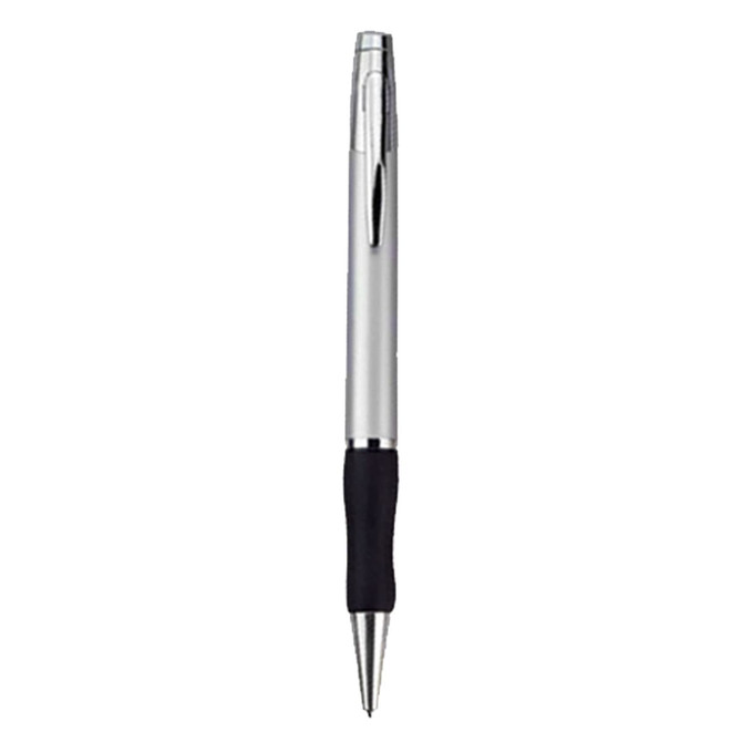 A metal pen in silver with a black grip, featuring a logo on the barrel.