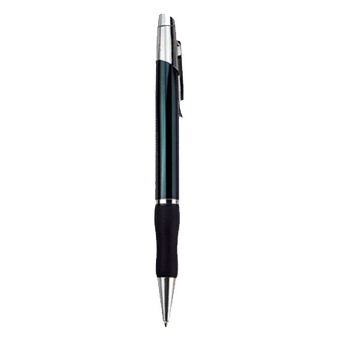 A metal pen with a dark green barrel, silver accents, and a black rubber grip, featuring a logo.