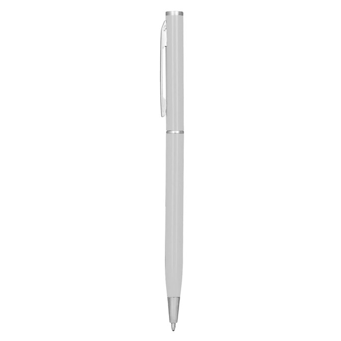 A metal pen in silver with a sleek design and a clip. It features a simple branding logo.