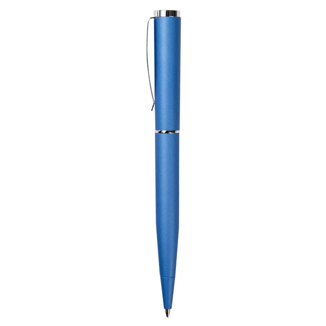 A blue metal pen with a sleek design and a silver clip, featuring a logo on its body.