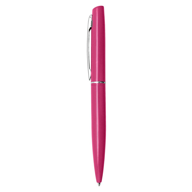 A pink metal pen with a sleek design and a clip, featuring a branding logo on the body.