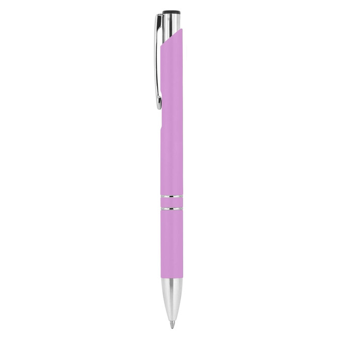 A pink rubberised metal pen with a silver clip and accents, featuring a logo on its surface.