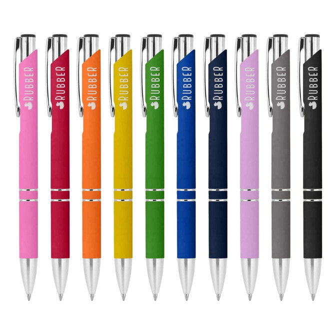 A collection of metal pens in pink, red, orange, green, blue, dark blue, black, and grey, featuring rubberised grips and branding.