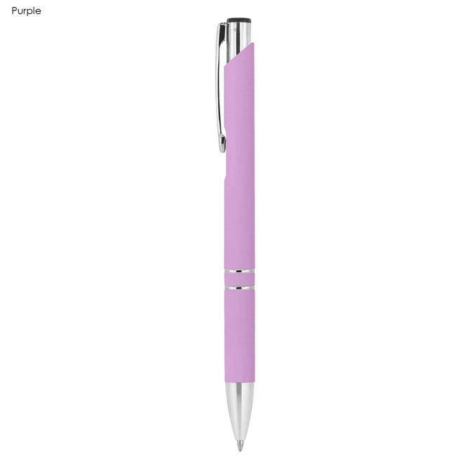A purple rubberised metal pen featuring chrome accents and a clip. The pen has a smooth, sleek design.