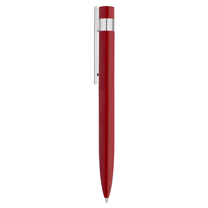 A red metal pen with a sleek design and chrome accents, featuring a clip and a smooth writing tip.