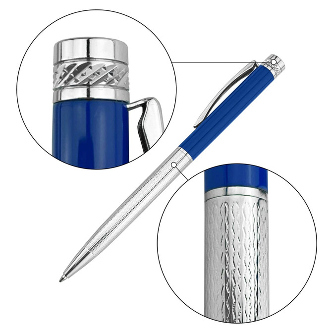 A metal pen with a blue barrel and a silver decorative grip, featuring a clip and a logo.