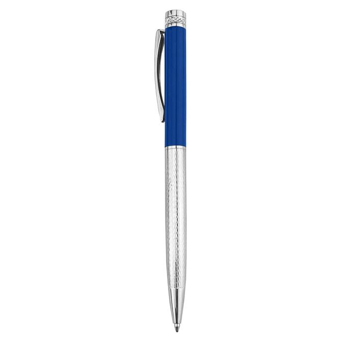 A metal pen featuring a blue grip and silver accents, with a logo on its body.