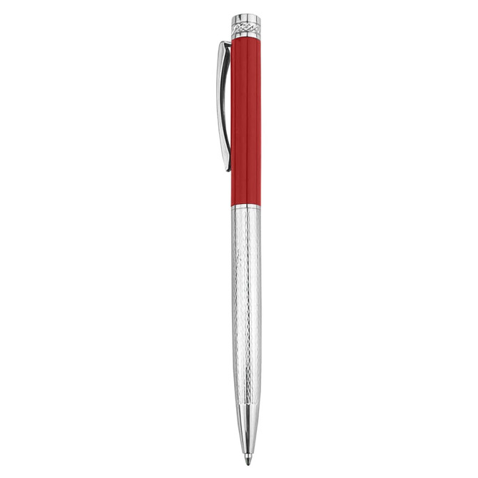 A metal pen with a red barrel and silver accents, featuring a clip and textured grip. The pen has a logo.