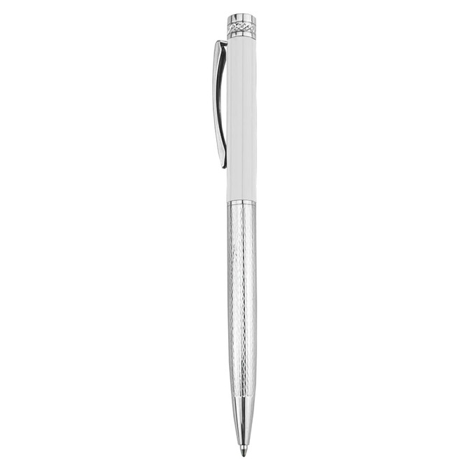 A metal pen in silver and chrome finish, featuring a textured grip and a clip. The pen has a logo on it.