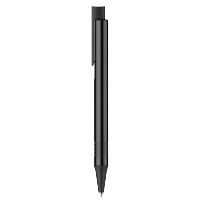 A sleek black metal pen with a clip and fine tip, featuring a logo on the barrel.