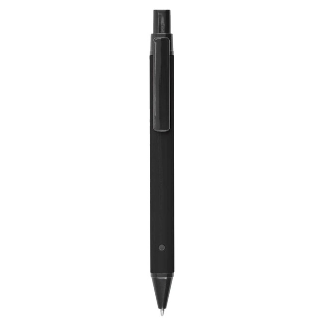 A black metal pen with a sleek design and a clip, featuring a branding logo.