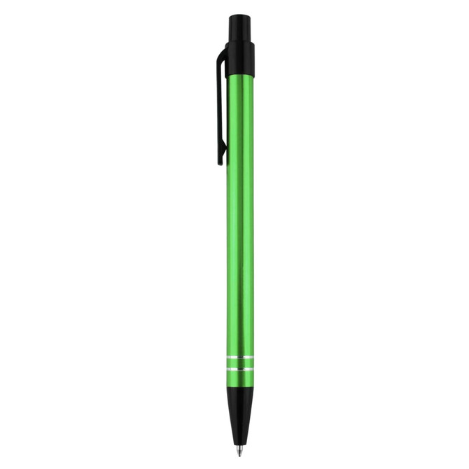 A metal pen in vibrant green with a black clip and silver accents. It features a sleek design and branding.