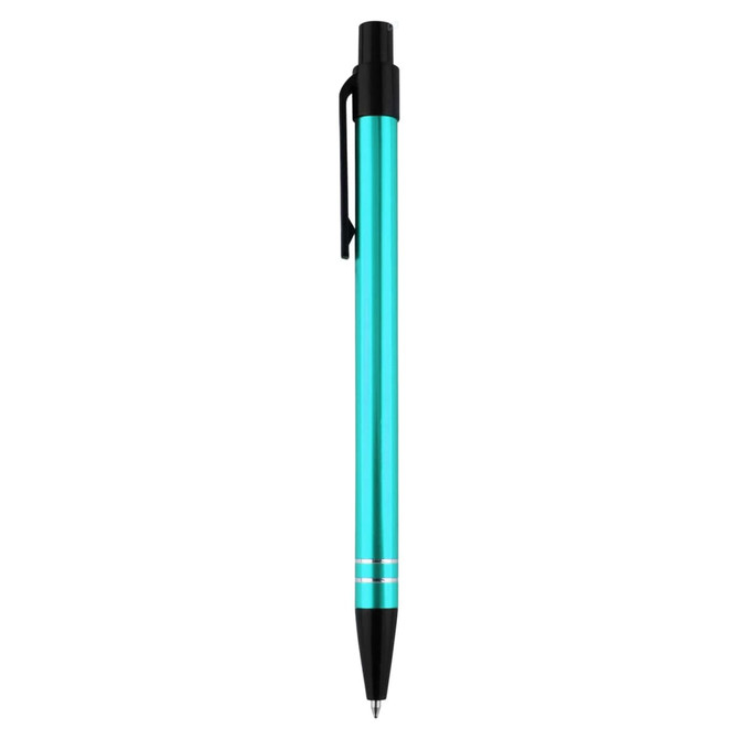 A metal pen in a vibrant turquoise colour with a black accent and a clip. It features a sleek design and modern branding.