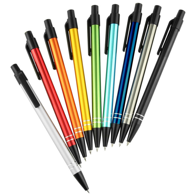 A collection of ten metal pens in red, orange, yellow, green, blue, silver, black, and grey, featuring a logo.