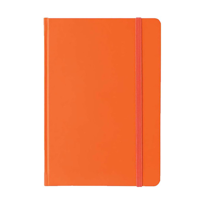 An orange A5 PU notebook with a pink elastic band closure and a smooth finish. It features a logo on the cover.
