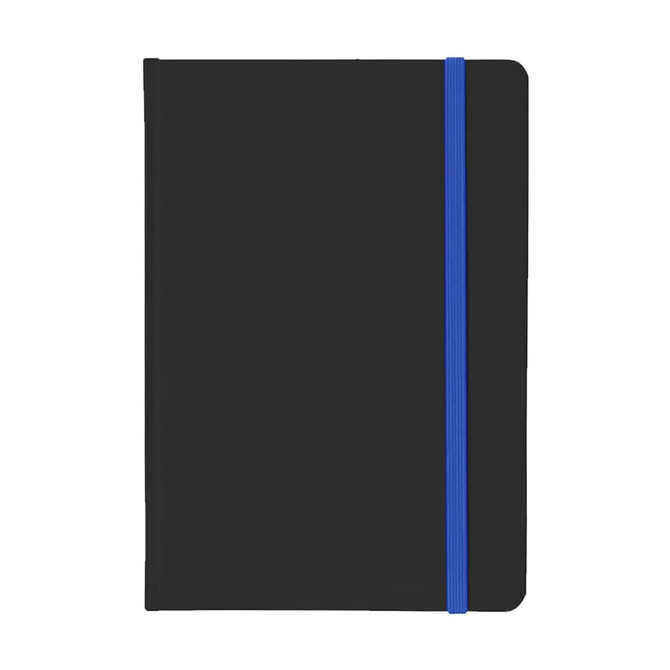 A5 PU notebook in black with a blue elastic band. Features a smooth cover and includes a logo.