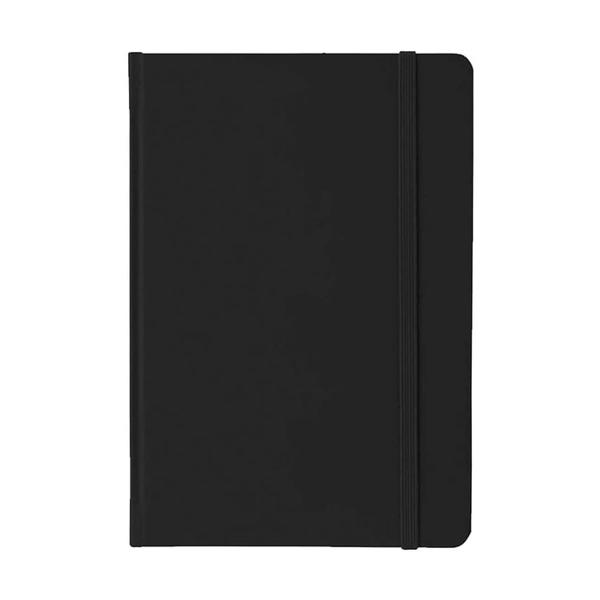 A5 PU notebook in black, featuring a soft cover and an elastic band closure. Includes a logo on the front.