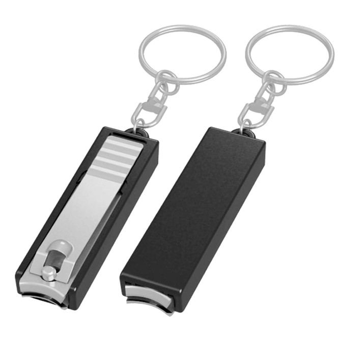 A black nail clipper key ring with a silver clipper section, featuring a keychain attachment.