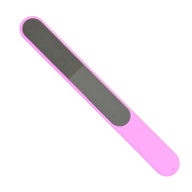 A pink nail file featuring a contrasting grey filing surface, ideal for nail care. Includes a branding logo.