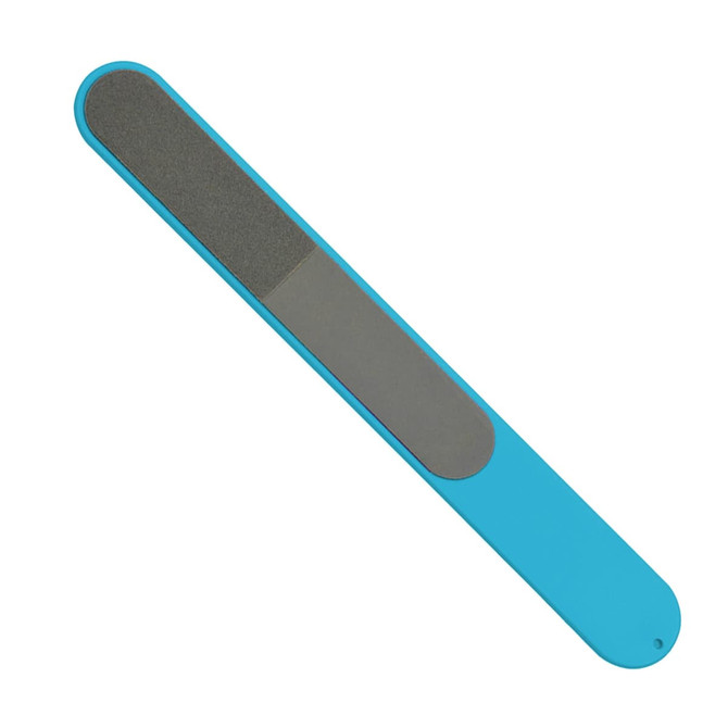 A blue nail file featuring a grey sanding surface, ideal for nail care. It includes a branding logo.