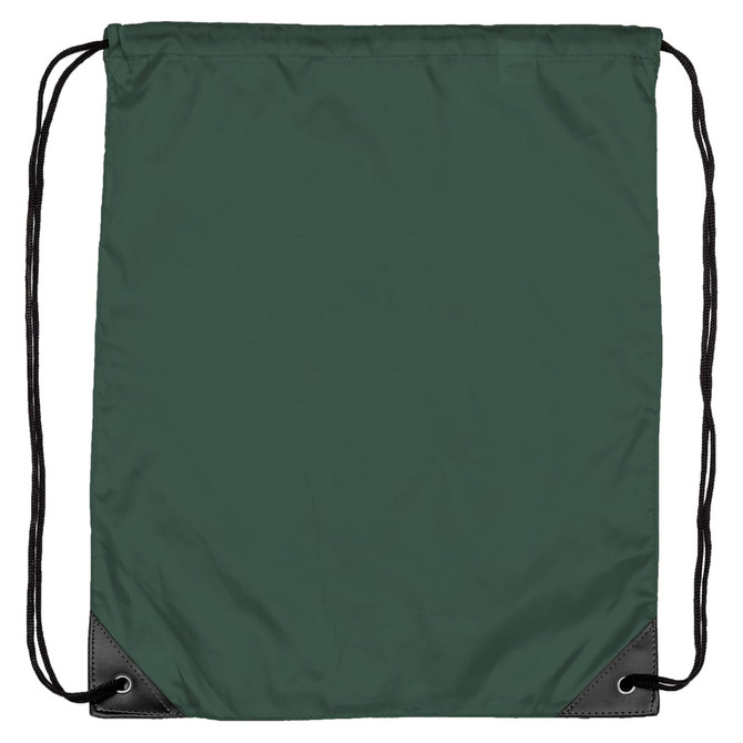 A dark green nylon backsack with black corners and drawstring closure. Features a simple design with no embellishments.