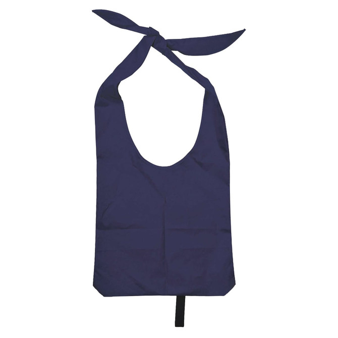 A navy nylon sling bag with open handles, featuring a knotted tie at the top and a logo.
