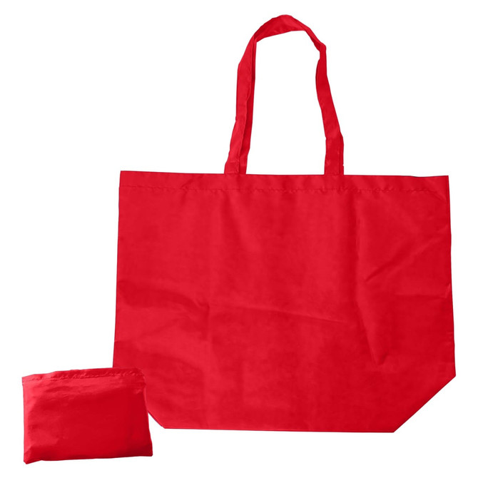 A red nylon foldaway shopping bag, displayed alongside its compact, folded version. Features shoulder straps and a logo.