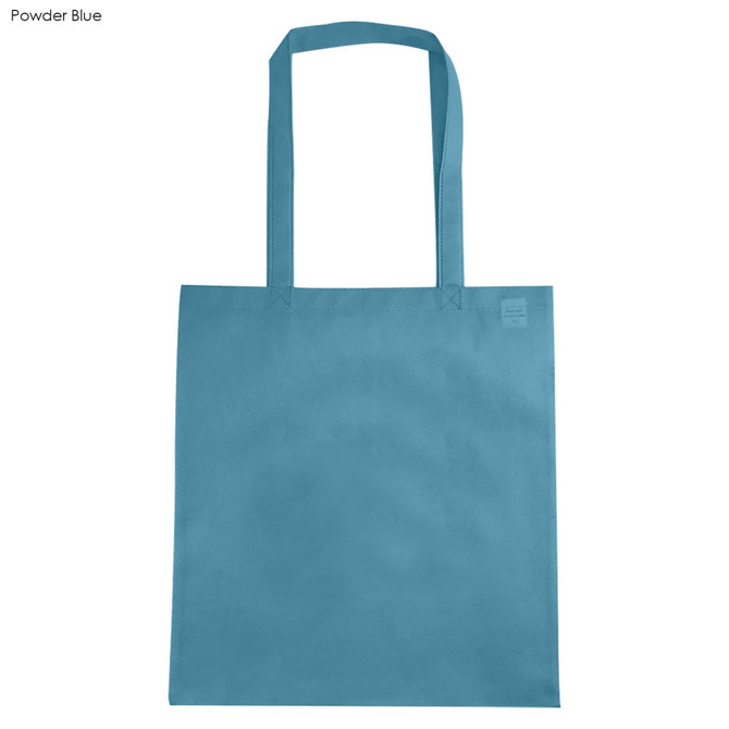 A powder blue non-woven tote bag with long handles and a gusset, featuring a logo.
