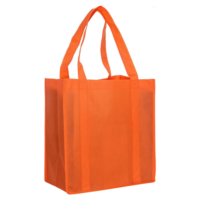 An orange non-woven shopping bag with two handles and a simple design, featuring a logo.