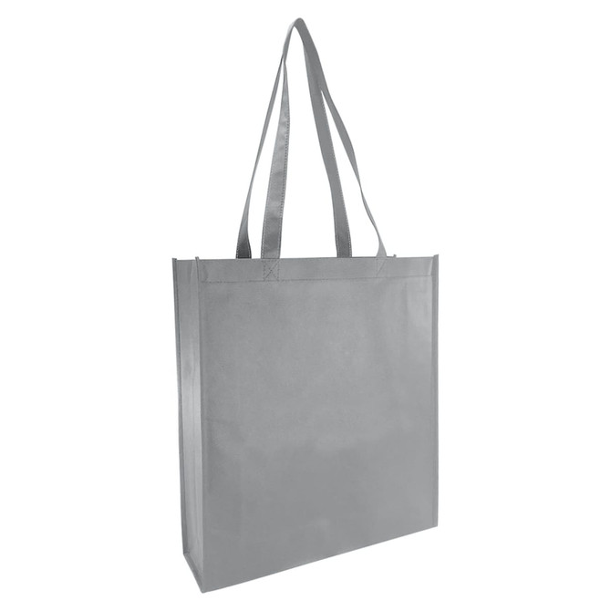 A grey non-woven reusable grocery bag with large gusset and two long handles. It features a logo.