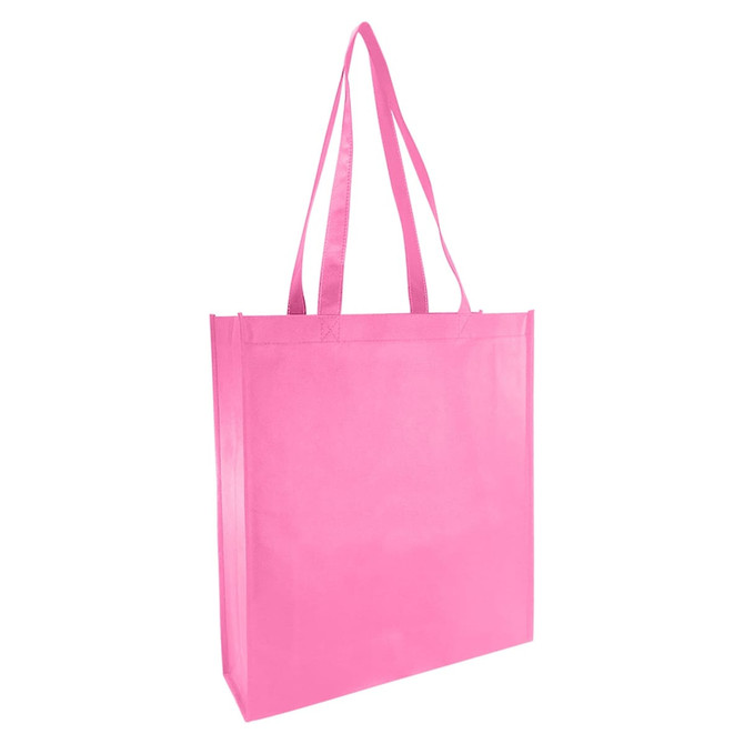 A pink non-woven reusable grocery bag with large gussets and twin handles, featuring a simple design.
