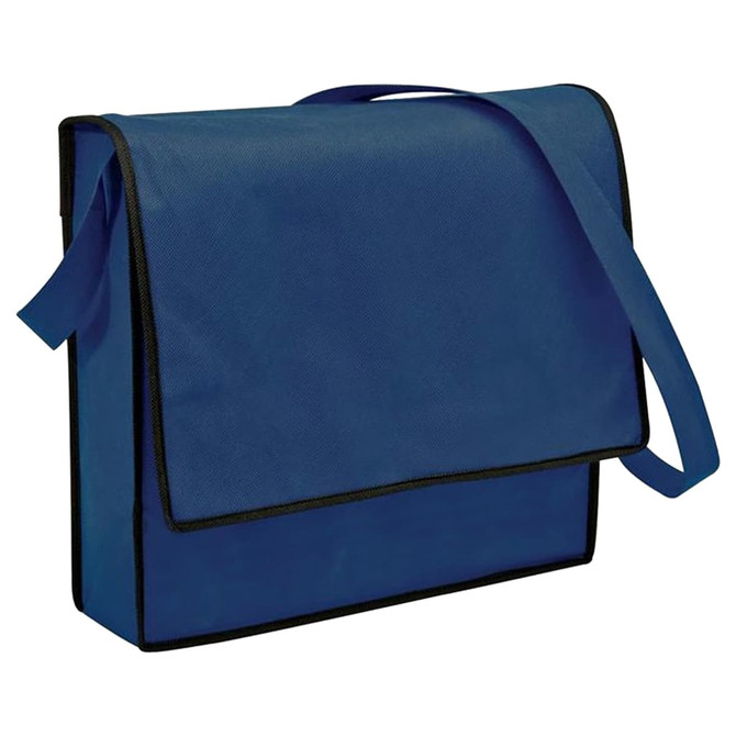A blue non-woven flap satchel with a shoulder strap and contrasting black trim, featuring a logo.