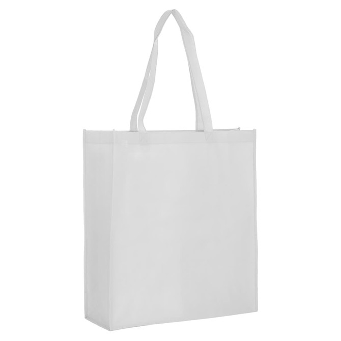 A large, white non-woven reusable grocery bag with a gusset and long handles. It features a logo.