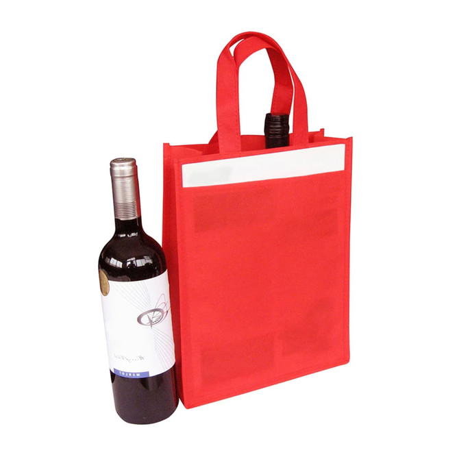 A drink bottle bag in bright red, designed to hold two bottles, featuring a branding logo.