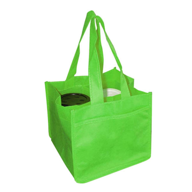 A bright green non-woven bag designed to hold four coffee cups, featuring sturdy handles and an exterior pocket.