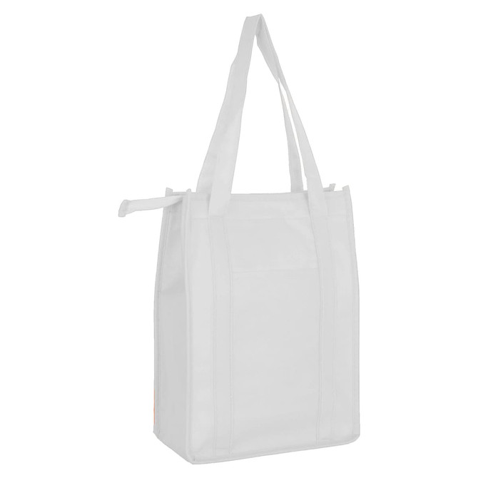 A white non-woven cooler bag with a top zip closure and long handles. Features a logo on the side.