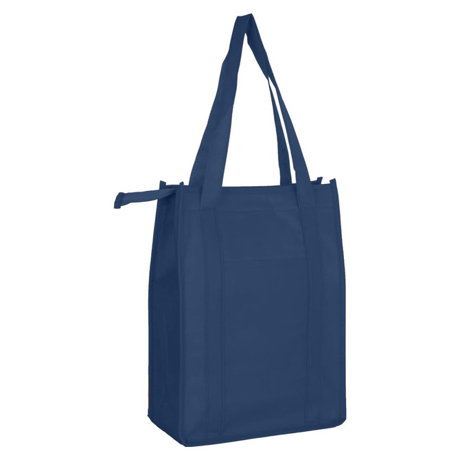 A navy non-woven cooler bag with a top zip closure and two sturdy handles. Features a branded logo.