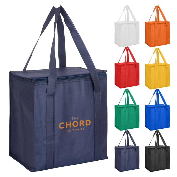 A zipped lid cooler bag in navy with two sturdy handles, available in multiple colours and featuring a logo.