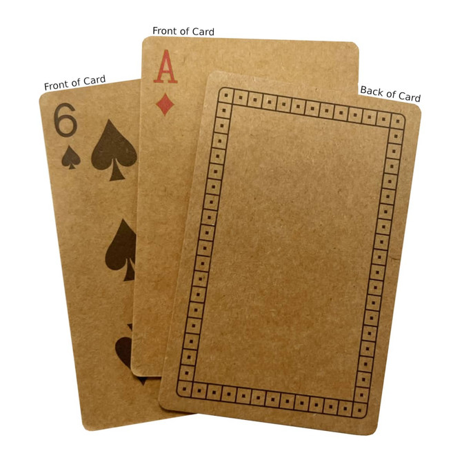 Three eco-friendly playing cards in brown, featuring a six of spades, an ace of diamonds, and a blank back design.