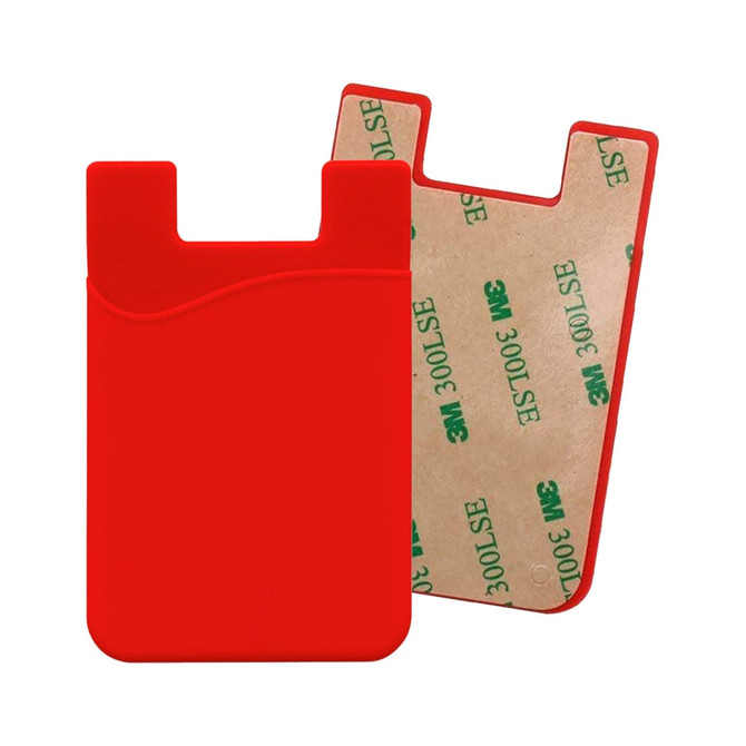 A red mobile phone wallet with a smooth surface and adhesive backing for attachment.