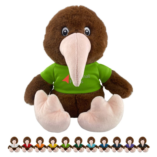 A brown kiwi plush toy with a long beak and wearing a green t-shirt, seated with colourful toy options below.