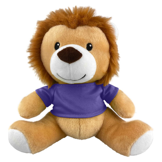 A plush lion toy with a tan body and a brown mane, wearing a purple shirt. It has a friendly smiling face.