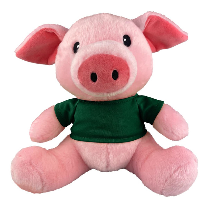 A pink plush pig with a green T-shirt, featuring black eyes and a large snout. It has a branding logo on the shirt.
